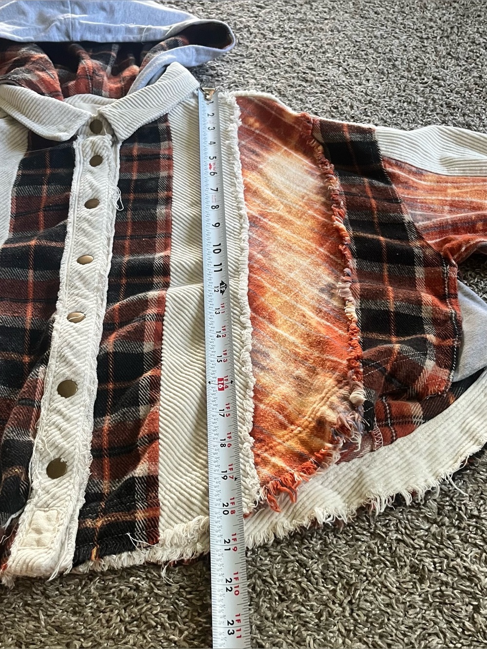 Oli & Hali Hooded Corduroy Shacket Orange Plaid Fall Cozy Oversized Patchwork - Picture 6 of 8